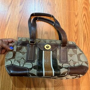Coach Brown Signature-Pattern Tote Bag with Leather Trim